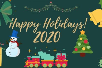 A decorative image with a dark green background, designs including a green garland, a green gift bow, bells and mistletoe, a present, a snowman, a train, a Christmas tree, and candles, with script font that reads "Happy Holidays 2020."