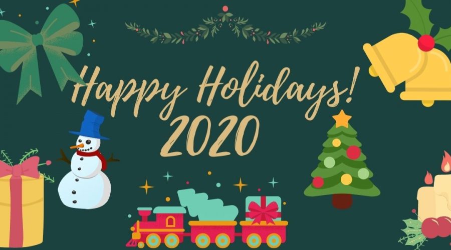 A decorative image with a dark green background, designs including a green garland, a green gift bow, bells and mistletoe, a present, a snowman, a train, a Christmas tree, and candles, with script font that reads "Happy Holidays 2020."