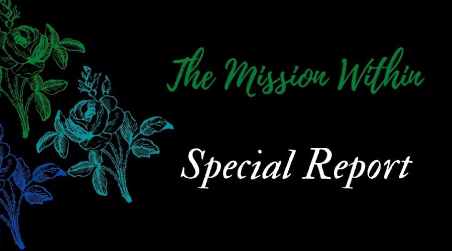 A decorative image with a black background, blue and green flowers on the left that says The Mission Within Special Report.