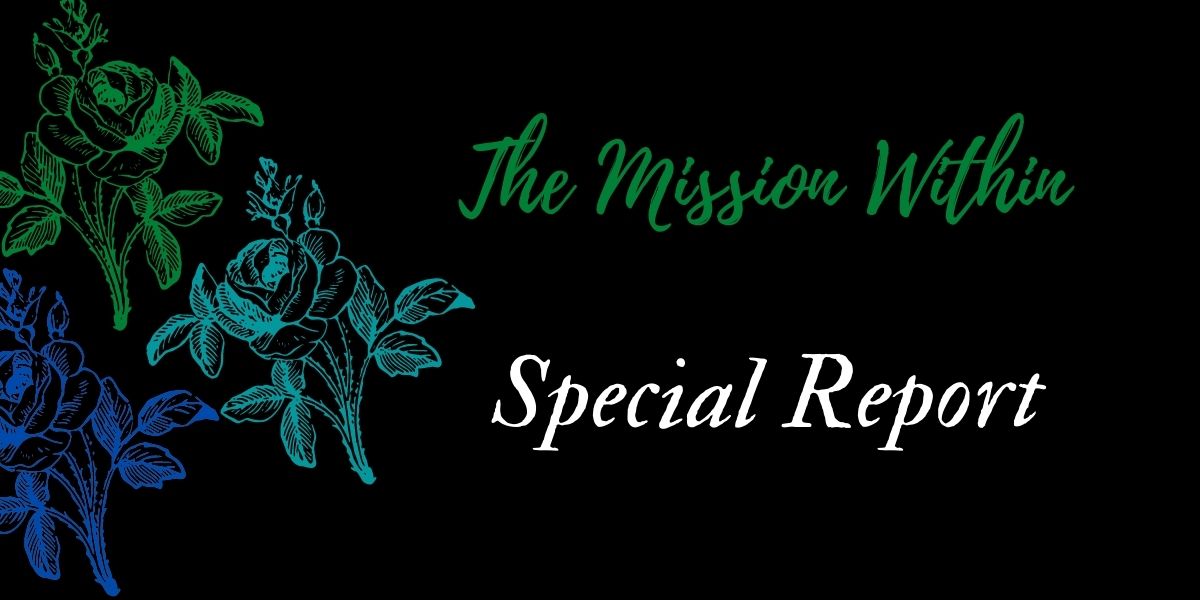 A decorative image with a black background, blue and green flowers on the left that says The Mission Within Special Report.