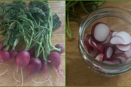 A bunch of radishes sits on a wood cutting board in the image on the left in the collage. The radishes are sliced up and placed in a repurposed jar for later in the photo on the right.