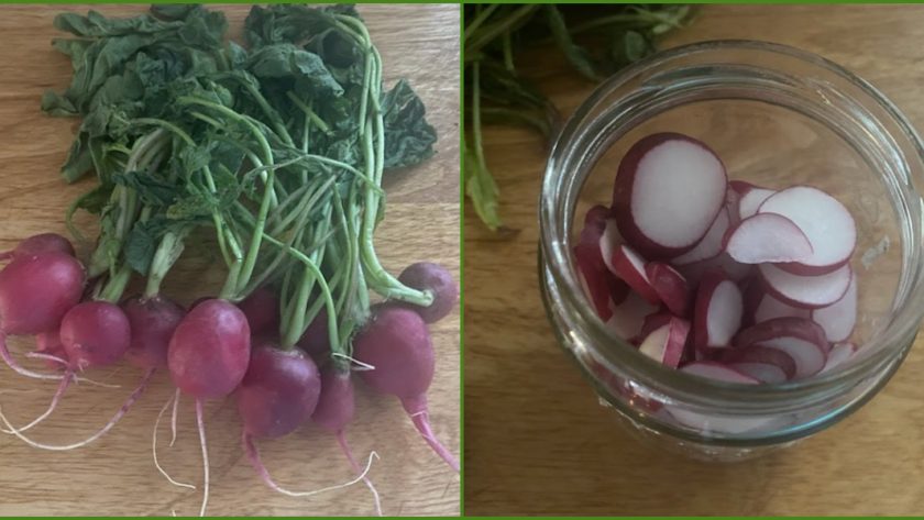 A bunch of radishes sits on a wood cutting board in the image on the left in the collage. The radishes are sliced up and placed in a repurposed jar for later in the photo on the right.