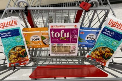 Packages of tofu sit in a grocery cart seat, with a package of tempeh on the far left and right sides.
