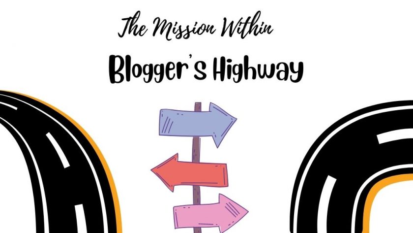 A decorative image for the "Blogger's Highway" series that has two cartoon renderings of highway roads going different directions, and directional signs in the middle in pink, purple, and red.