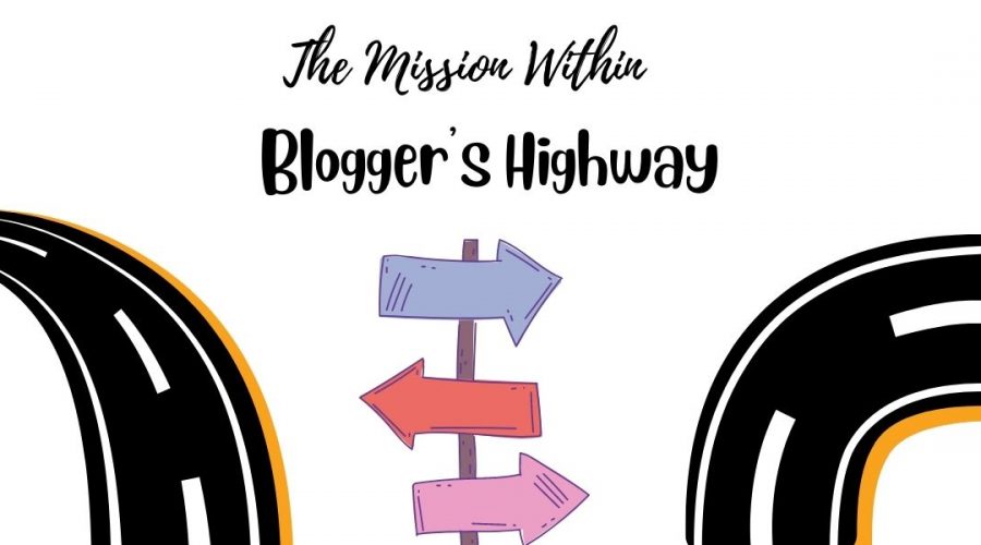 A decorative image for the "Blogger's Highway" series that has two cartoon renderings of highway roads going different directions, and directional signs in the middle in pink, purple, and red.