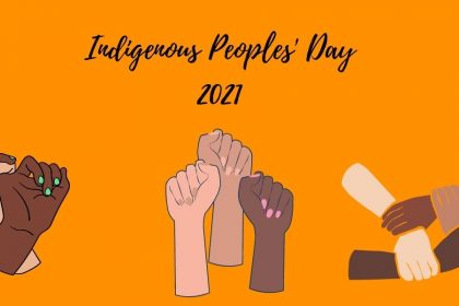 A decorative image depicting an orange background in honor of the residential school victims and survivors, sketched hands in different skin colors, and "Indigenous Peoples' Day 2021" at the top of the image in script letter font.