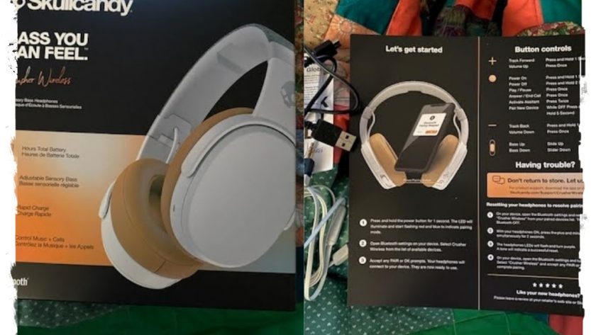 A photo collage of a pair of Skullcandy Crusher Wireless headphones in white, the left photo shows them in the box, and the right photo shows them out of the box, with the charging cord and the informational booklet included.