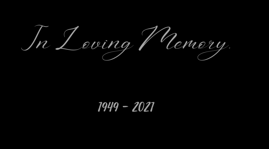 A decorative image with a black background with the words "In Loving Memory, 1949 to 2021" in gray script for a post about the death of a parent, and to commemorate my mom who died today.