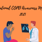 A decorative image with an orange background to represent National COPD Awareness Month 2021 with designs of lungs, an inhaler, medicine containers, a person coughing, and a doctor with an x-ray of lungs in their hand.