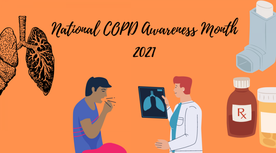 A decorative image with an orange background to represent National COPD Awareness Month 2021 with designs of lungs, an inhaler, medicine containers, a person coughing, and a doctor with an x-ray of lungs in their hand.