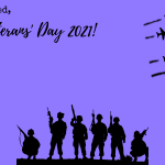 A decorative image with a blue background, with silhouette graphics including a pair of combat boots, soldiers standing together, and a horse with a rider carrying a flag, and a group of airplanes. The image reads "To all who served, Happy Veterans' Day 2021."
