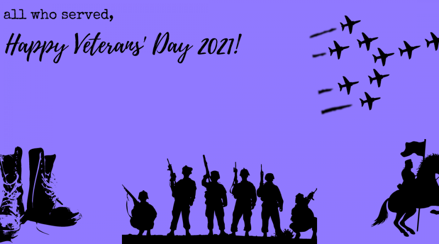 A decorative image with a blue background, with silhouette graphics including a pair of combat boots, soldiers standing together, and a horse with a rider carrying a flag, and a group of airplanes. The image reads "To all who served, Happy Veterans' Day 2021."