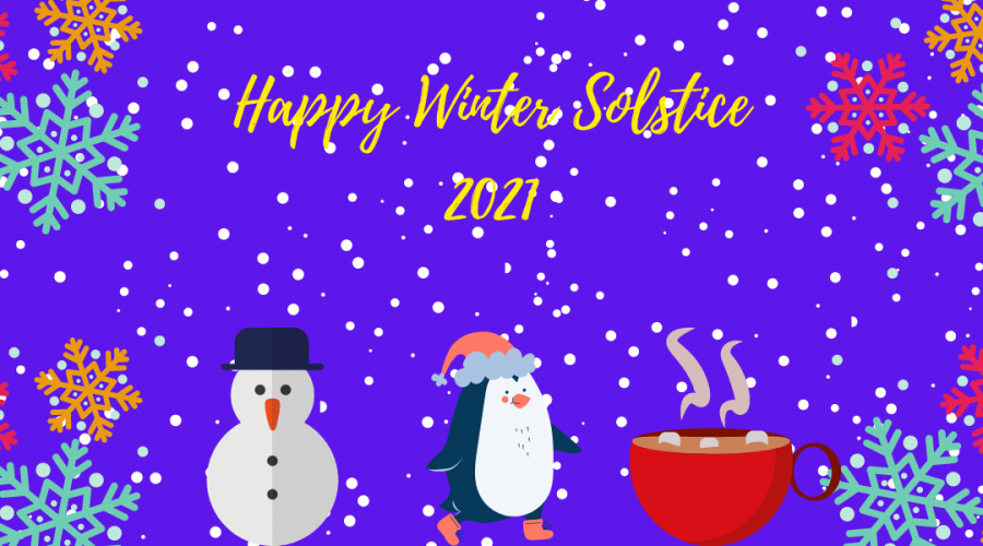 A decorative image with a blue background, snowflakes in white all over, with blue, orange, and red snowflakes in groups in the corner, a white and gray snowman, a penguin wearing a red Santa hat, and a red cup of hot chocolate on the bottom reads "Happy Winter Solstice 2021"