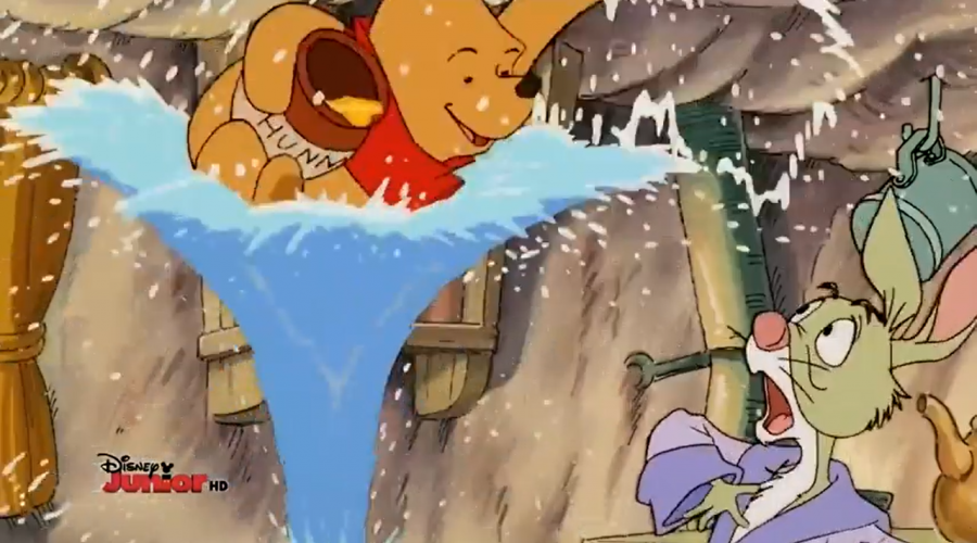 A screenshot from a YouTube video of The New Adventures of Winnie the Pooh intro, with Pooh on top of a geyser with a jar of honey, and Rabbit standing in front of him, in honor of Winnie the Pooh Day 2022.