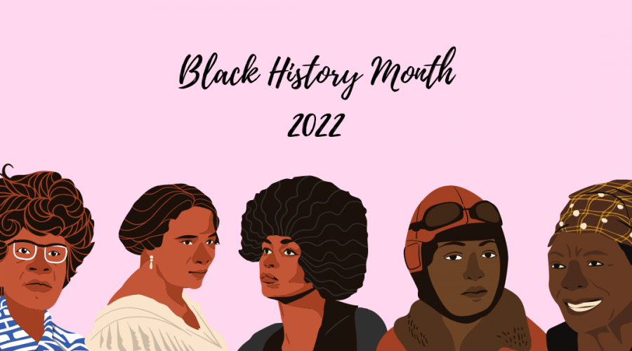 A decorative image with a light pink background with sketch renderings from left to right of Shirley Chisholm, Madame C.J. Walker, Angela Davis, Bessie Coleman, and Maya Angelou, with text that reads "Black History Month 2022"