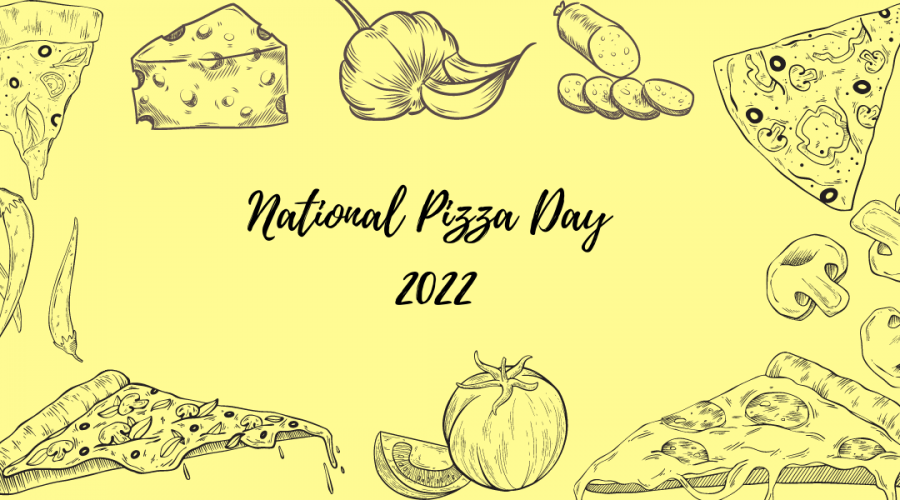 A decorative image with a light yellow background, and sketch renderings of pizza slices in the corners, mushrooms on the right hand side, peppers on the left hand side, a tomato on the bottom, a wedge of cheese on top, a bulb and a clove of garlic on top, and sliced italian sausage next to it on the top, with text that reads "National Pizza Day 2022"