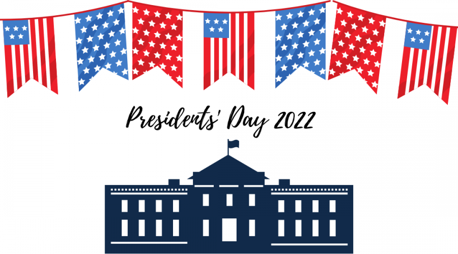 A decorative image with a white background and sketch renderings of a garland comprised of the American flag, a panel in red with white stars, a panel in blue with white stars, across the top, and a silhouette of the White House. Text reads Presidents Day 2022.