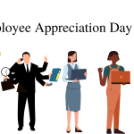 A decorative image with sketch renderings of two men talking, wearing suits and ties, a sketch rendering of a man in a suit with multiple arms to show multitasking, two women with laptops in their hands, and a man with a briefcase running. Text reads "Employee Appreciation Day 2022."