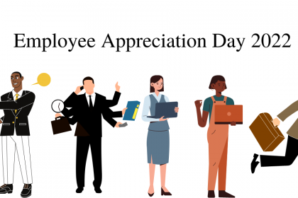 A decorative image with sketch renderings of two men talking, wearing suits and ties, a sketch rendering of a man in a suit with multiple arms to show multitasking, two women with laptops in their hands, and a man with a briefcase running. Text reads "Employee Appreciation Day 2022."