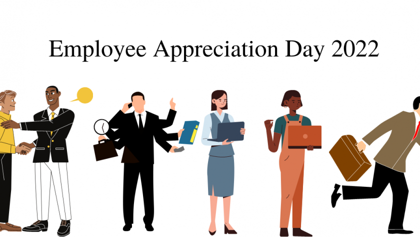 A decorative image with sketch renderings of two men talking, wearing suits and ties, a sketch rendering of a man in a suit with multiple arms to show multitasking, two women with laptops in their hands, and a man with a briefcase running. Text reads "Employee Appreciation Day 2022."