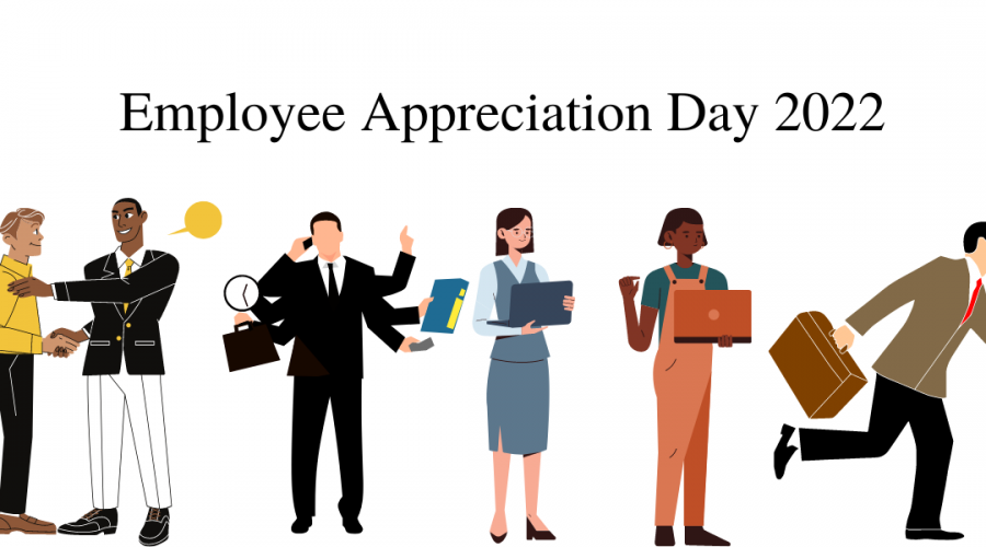 A decorative image with sketch renderings of two men talking, wearing suits and ties, a sketch rendering of a man in a suit with multiple arms to show multitasking, two women with laptops in their hands, and a man with a briefcase running. Text reads "Employee Appreciation Day 2022."