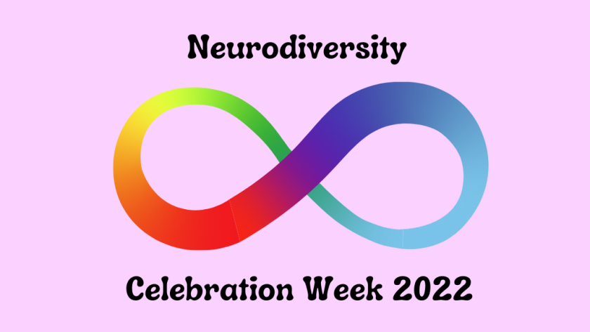 A decorative image with a light purple background with a rainbow infinity symbol, and text that reads "Neurodiversity Celebration Week 2022"