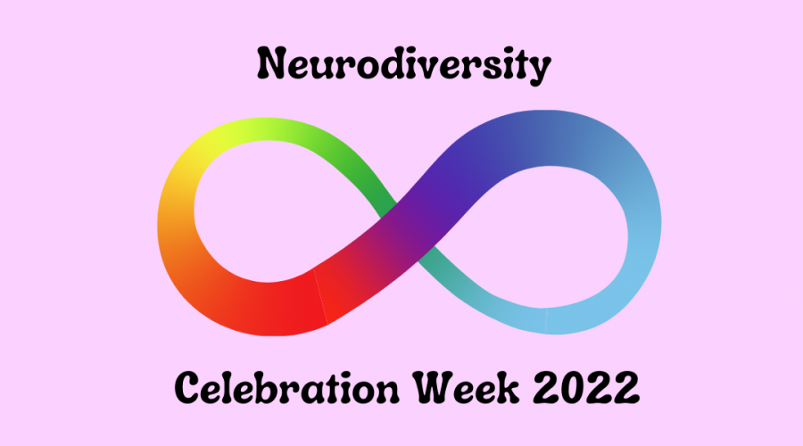 A decorative image with a light purple background with a rainbow infinity symbol, and text that reads "Neurodiversity Celebration Week 2022"