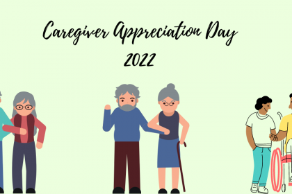 A decorative image with sketch renderings of an elderly couple walking together with their arms linked, another elderly couple in the middle with one holding a cane, and a young couple with one in a wheelchair. Text reads "Caregiver Appreciation Day 2022"