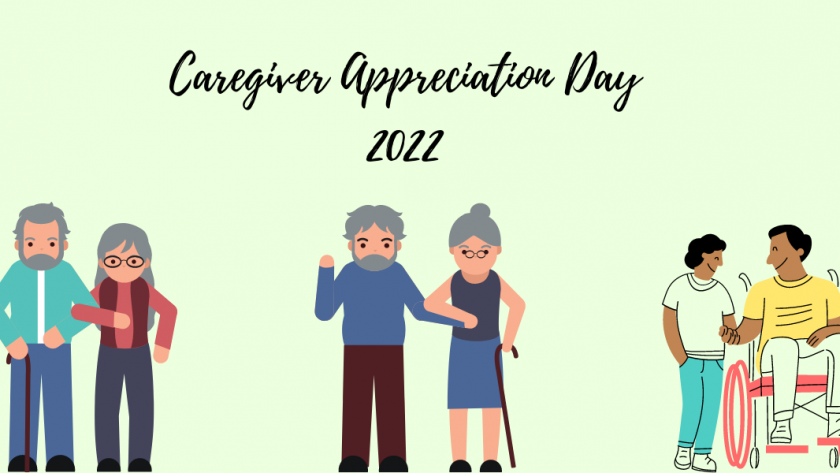 A decorative image with sketch renderings of an elderly couple walking together with their arms linked, another elderly couple in the middle with one holding a cane, and a young couple with one in a wheelchair. Text reads "Caregiver Appreciation Day 2022"