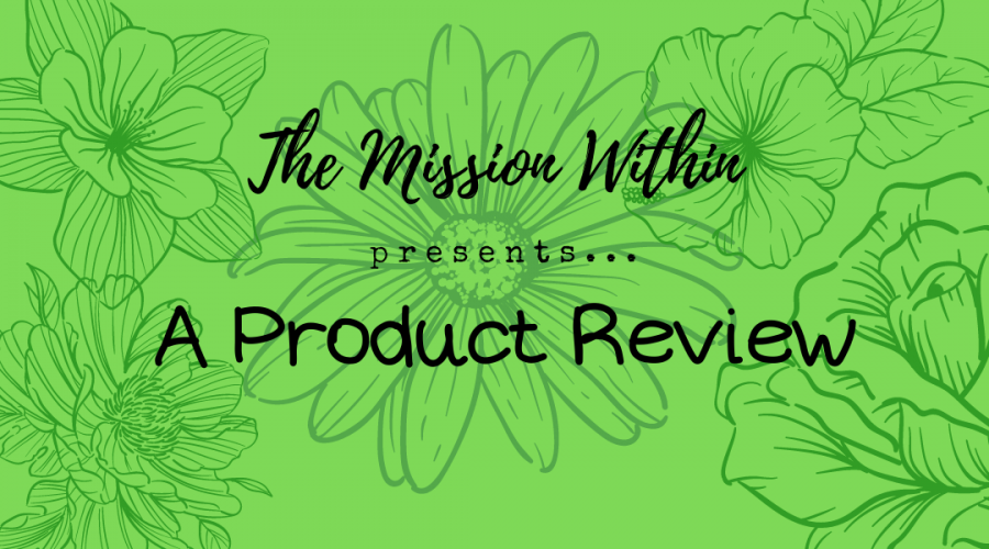 A decorative placeholder image with a bright green background, and dark green sketch renderings of flowers. Text reads The Mission Within Presents: A Product Review