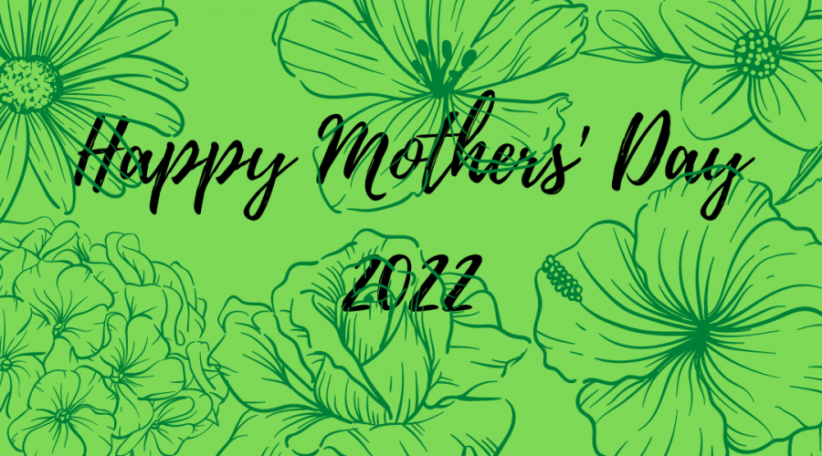 A decorative image with a green background and dark-green flowers, w/ text that reads Happy Mothers Day 2022.