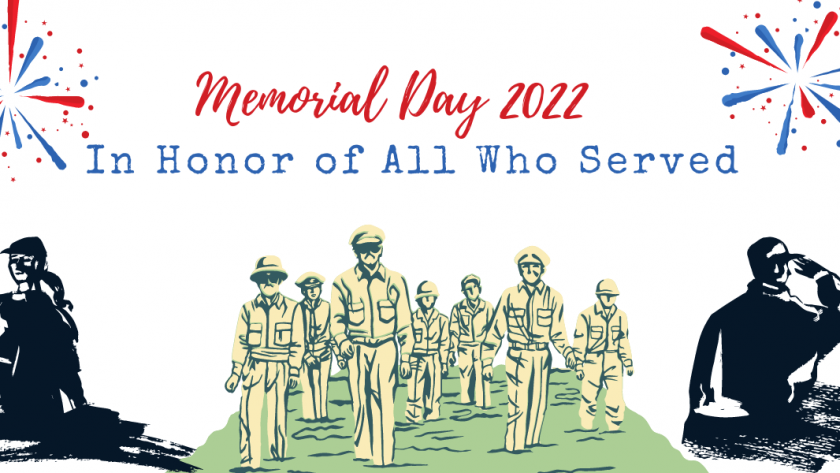 A decorative image with a white background, red and blue fireworks renderings in the upper right and left hand corners, a sketch rendering of a female soldier in black in the bottom left hand corner, a sketch rendering of a male soldier in the bottom right hand corner, and sketch renderings of soldiers in green in the middle, walking down a path. Text reads Memorial Day 2022, In Honor of All that Served. I am forever grateful for your service.