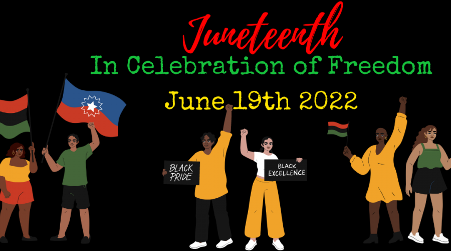 A decorative image with a black background and text that reads "Juneteenth In Celebration of Freedom June 19th 2022". Sketch renderings of two people holding flags are in the bottom right hand corner, sketch renderings of two people holding signs that read "Black Power and Black Excellence" are in the middle, and sketch renderings of two people holding flags are in the right hand corner.