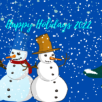 Sketch renderings of 3 snowmen, one wearing a red hat and a red scarf and partially melted, another wearing a blue hat and a red scarf in the middle, and a third snowman wearing a brown tophat in the bottom left hand corner. A sketch rendering of a large snow-covered evergreen tree on the right hand side, and a background of snow. Text reads "Happy Holidays 2022"