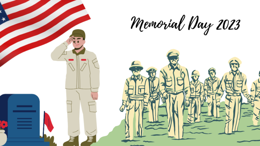 A graphic with text that reads "Memorial Day 2023." Sketch rendering of an American flag in the upper left hand corner, a sketch rendering of a soldier standing at a grave and giving the salute, and a sketch rendering of soldiers marching on the right hand side. In honor of those who didn't make it back home, have a meaningful Memorial Day.