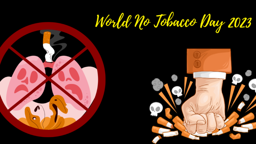 A decorative image with a red circle and an X through it, with a sketch rendering of a pair of lungs and a commercialized tobacco product in the form of a ciggie on the left-hand side. On the right hand side, a sketch rendering of a light-colored fist smashing down on commercialized tobacco products also in the form of ciggies. The text in the upper right-hand corner reads "World No Tobacco Day 2023". The theme is Grow Food, Not Tobacco.