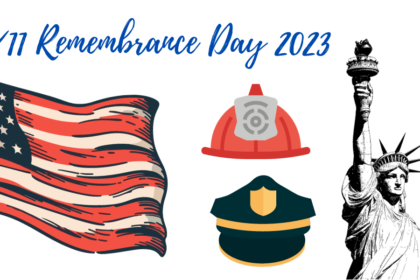 A graphic with sketch renderings of an American flag blowing in the wind, a firefighter helmet, and a police hat, and a realistic rendering of the Statue of Liberty. Text reads 9/11 Remembrance Day. In honor of Patriot Day, September 11th 2001, never forget.