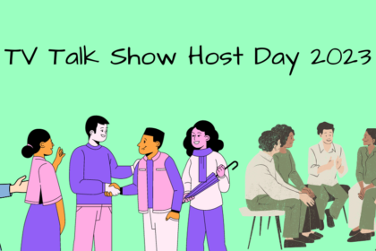 A decorative image with a green background and text in black that reads "T Talk Show Host Day 2023". Sketch rendering in the bottom left hand corner of a woman in a suit with a microphone in her hand, a group of people in pink, purple, and white in the middle, and in the bottom right hand corner, a group of people in green, brown, and black.