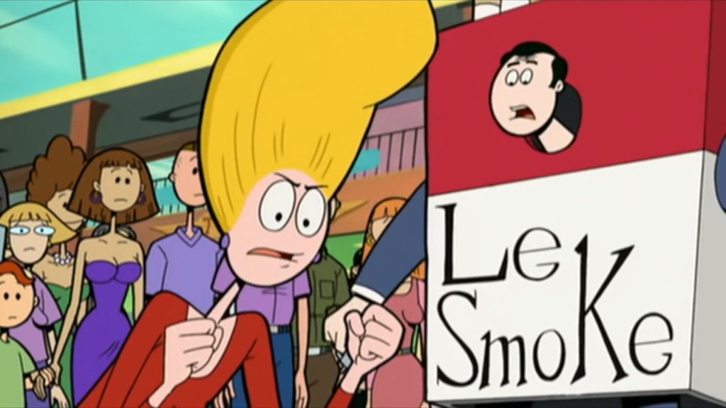 A screenshot from an episode of the Oblongs, where Pickles wins a shopping spree at the mall, sponsored by the fictional smoke brand "Le Smoke," and on her right is a guy in a giant "Le Smoke" pack costume. Behind Pickles is a crowd.