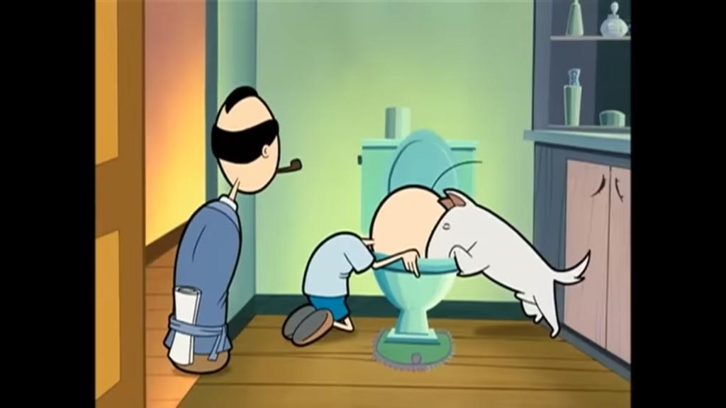 A screenshot from an episode of The Oblongs, where Milo and the dog are drinking out of the toilet, and Bob is looking on from the doorway. 