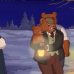 A screenshot from an episode of Little Bear, about their winter solstice celebration. Little Bear is in Grandpa Bear's arms, holding a lantern to hang on the tree for the snow angels. Grandma Bear is on the left hand side. Grandma Bear is wearing an 1890s dress and a bonnet. Grandpa Bear wears a dress shirt, tie, pants, and a vest in the style of the 1890s.