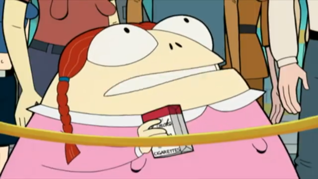 A screenshot of an episode of The Oblongs, where Helga's behind the rope, holding a Le Smoke pack after receiving it as a freebie from a rep from the Le Smoke company. 