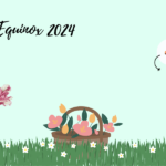 A decorative image w/ a pastel green background, sketch rendering of dark green grass and white flowers along the bottom, a sketch rendering of a light brown bunny holding a flower, a brown basket of pink flowers in the middle, and a dark brown bunny with a white tail on the right hand side. In the upper right corner, a sketch rendering of a sun and a cloud w/ smiling faces. Happy Spring Equinox 2024!