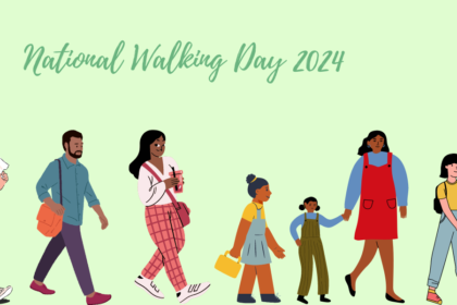 A decorative image with sketch renderings of people walking across the bottom of the image, with script font that reads "National Walking Day 2024" at the top in darker green, and a light green background.