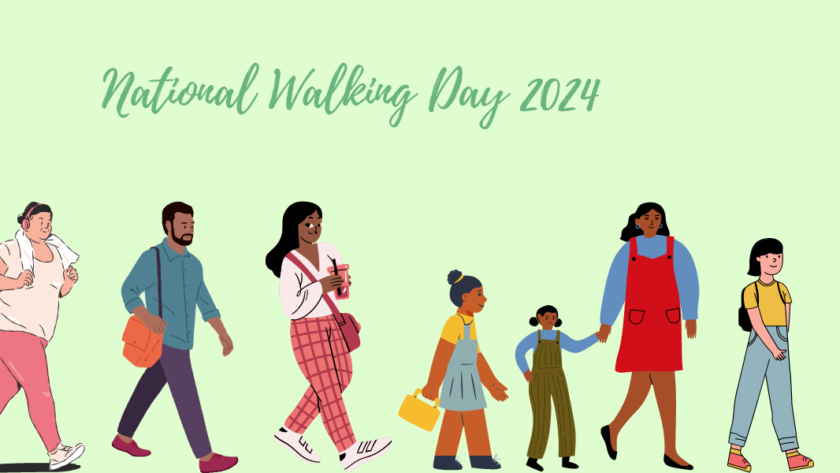 A decorative image with sketch renderings of people walking across the bottom of the image, with script font that reads "National Walking Day 2024" at the top in darker green, and a light green background.