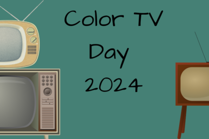 A decorative image w/ a dark green background, and sketch renderings of vintage TV sets, one large TV set on the bottom left-hand corner, and a smaller light-colored TV set sitting on top of it. On the right is a wood-style TV set w/ its own legs as a standalone piece of furniture. Text reads Color TV Day 2024.