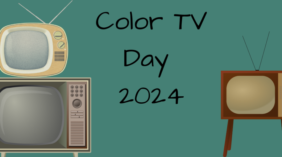 A decorative image w/ a dark green background, and sketch renderings of vintage TV sets, one large TV set on the bottom left-hand corner, and a smaller light-colored TV set sitting on top of it. On the right is a wood-style TV set w/ its own legs as a standalone piece of furniture. Text reads Color TV Day 2024.