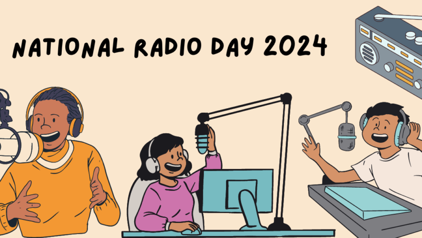 A decorative image with sketch renderings of a man in an orange shirt in front of a microphone in the bottom left hand corner, a woman in front of a computer and a microphone in the middle, wearing a purple shirt, and a man in the bottom right hand corner, in front of a microphone, wearing a white shirt. A sketch rendering of a small am/fm radio with an antenna is in the upper right hand corner. Text reads National Radio Day 2024.