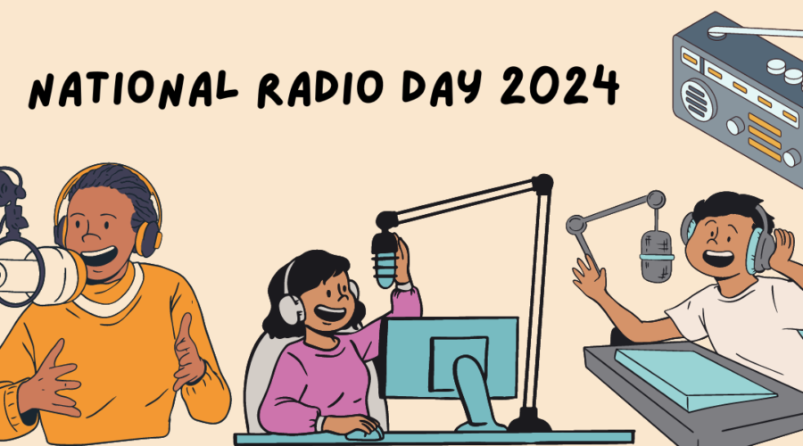 A decorative image with sketch renderings of a man in an orange shirt in front of a microphone in the bottom left hand corner, a woman in front of a computer and a microphone in the middle, wearing a purple shirt, and a man in the bottom right hand corner, in front of a microphone, wearing a white shirt. A sketch rendering of a small am/fm radio with an antenna is in the upper right hand corner. Text reads National Radio Day 2024.