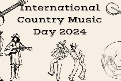 A decorative image w/ sketch renderings in black and white of a dreadnought acoustic guitar in the upper left hand corner, a banjo in the upper right hand corner, a record in the bottom right hand corner, two people dancing dressed as cowboys, a lady with a guitar in a Western-style outfit, and a man with a guitar in a suit and tie, cowboy boots, and a cowboy hat. Text reads "international country music day 2024."